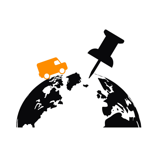 Moving van traveling across the globe to a different country