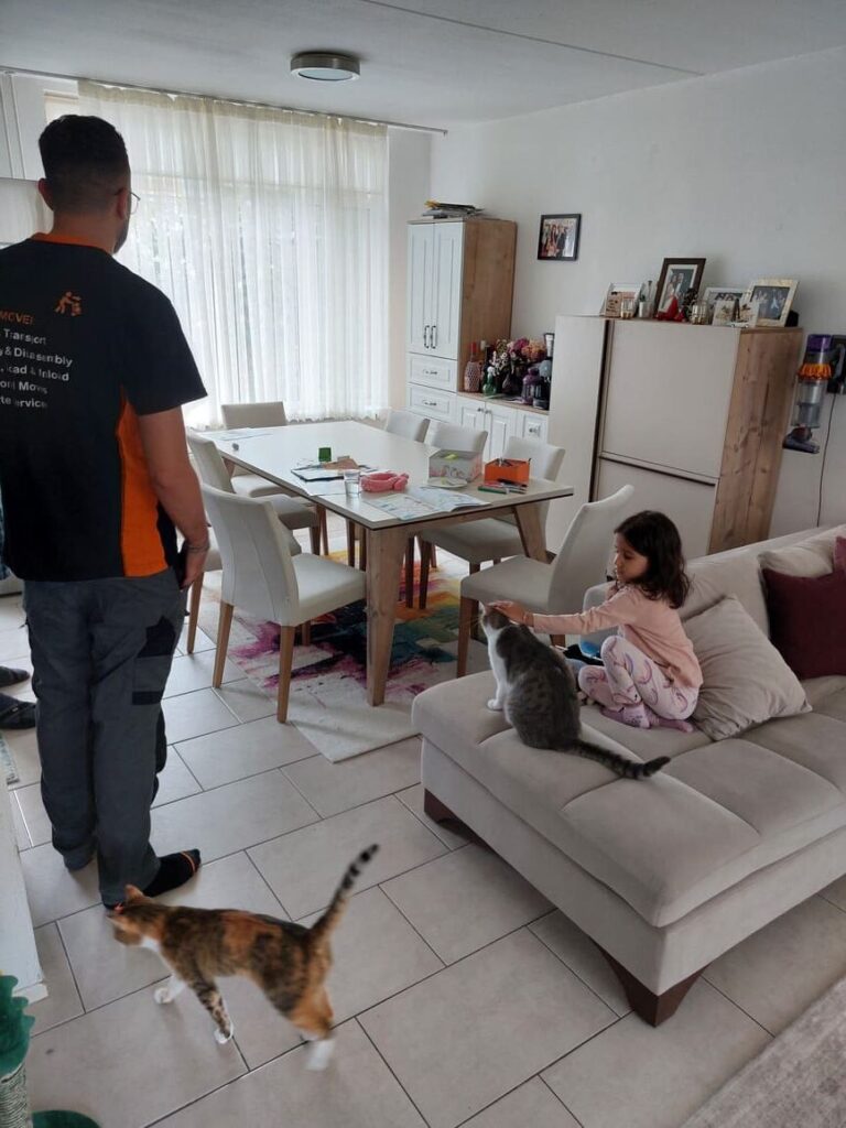 Mover from a Eindhoven moving company surrounded by two cats and a child during relocation