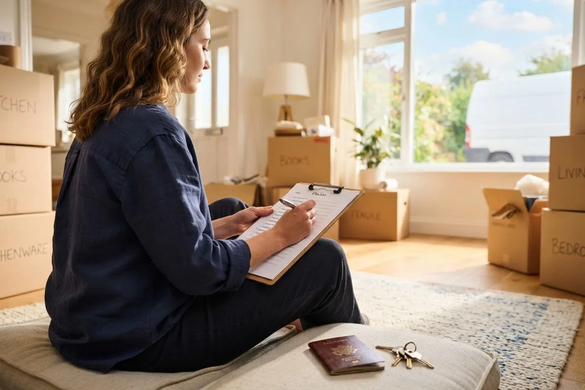 Verhuizen naar het buitenland checklist: vrouw vinkt de lijst af tussen ingepakte dozen