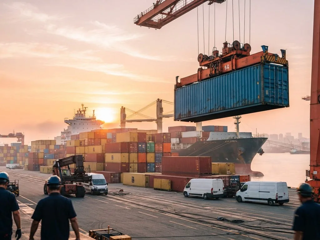 Shipping container being lifted at the port of Rotterdam at sunrise