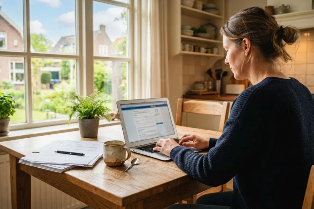 New resident registering online for Dutch health insurance at a bright kitchen table