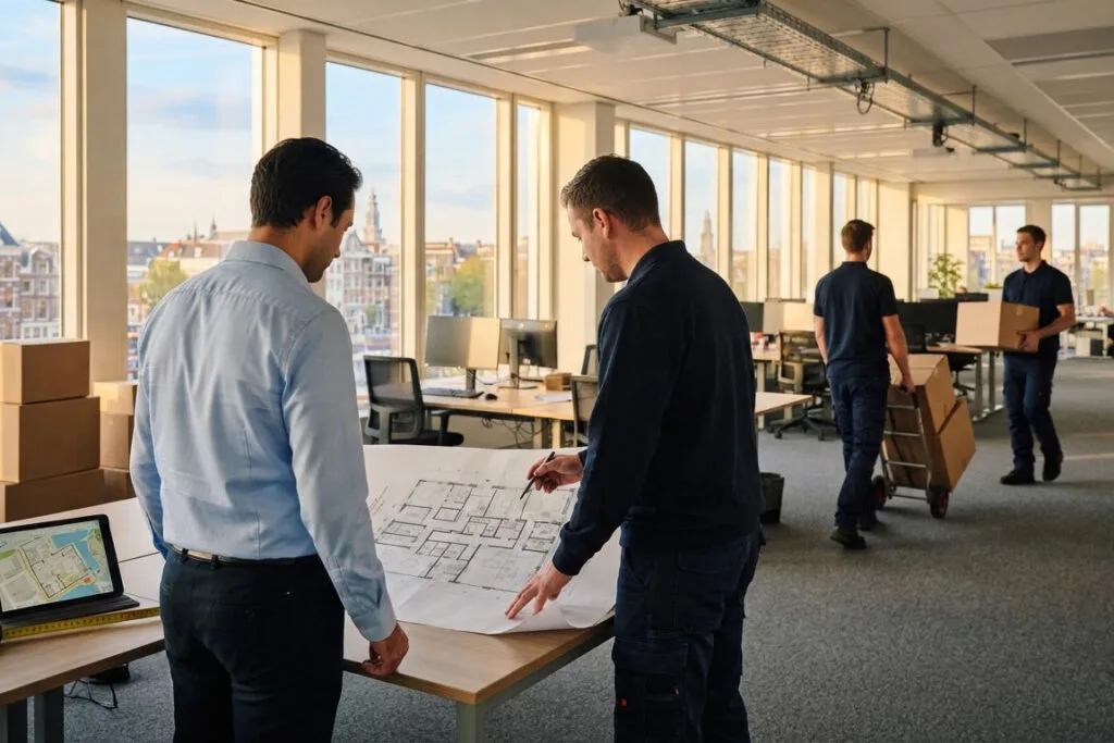 Facility manager and surveyor studying a floor plan in an empty open-plan office with boxes stacked by the window