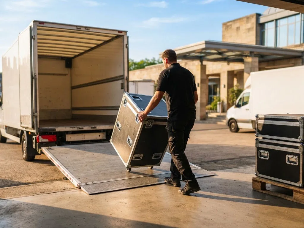 Flight cases being wheeled from a lorry into a venue loading dock