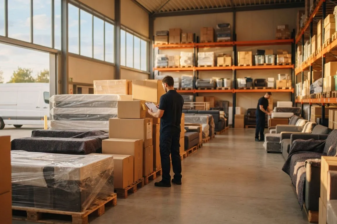 Wrapped sofas and labelled boxes stacked in a clean warehouse, storage during a move abroad
