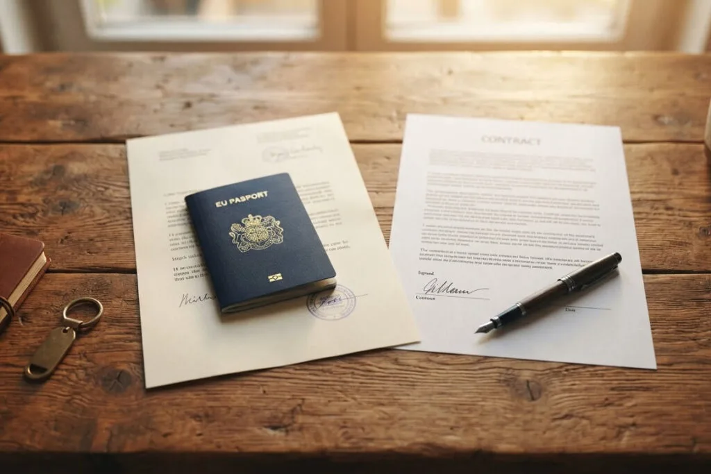 Passport, residence permit letter and employment contract laid out before a move to the Netherlands