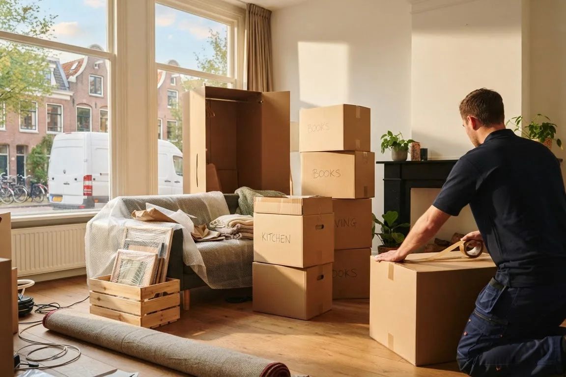 Packing for an international move in an Eindhoven living room: double-walled boxes, a wardrobe box and a wooden crate