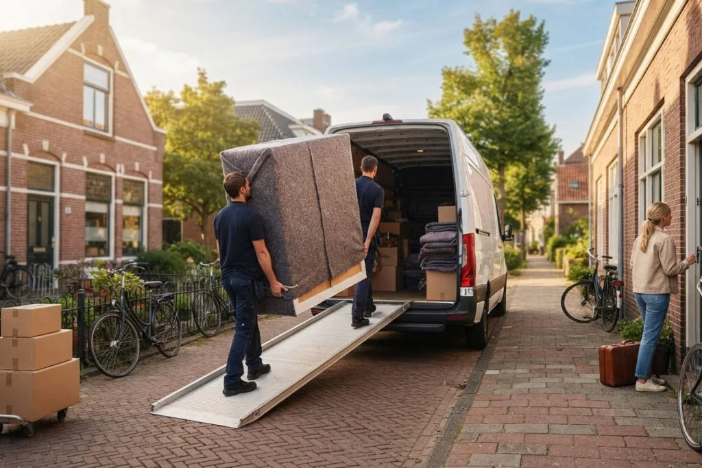 Two movers loading a wrapped wardrobe into a white van outside a Dutch terraced house on moving day