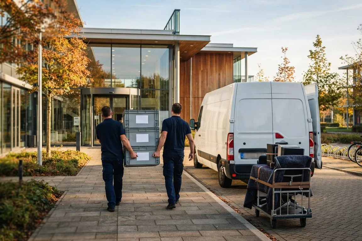 Movers carrying numbered crates into a new office in Eindhoven, the last step of an office relocation checklist