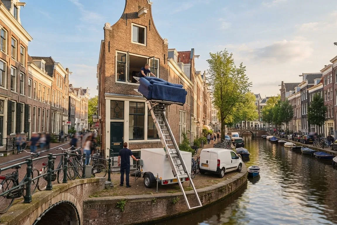 Moving into a city centre apartment in Amsterdam: a ladder lift carries a sofa to a canal-house window