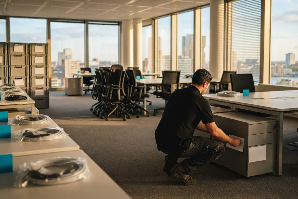 Office desks and chairs tagged with blank colour-coded labels and grey crates stacked ready for the moving weekend