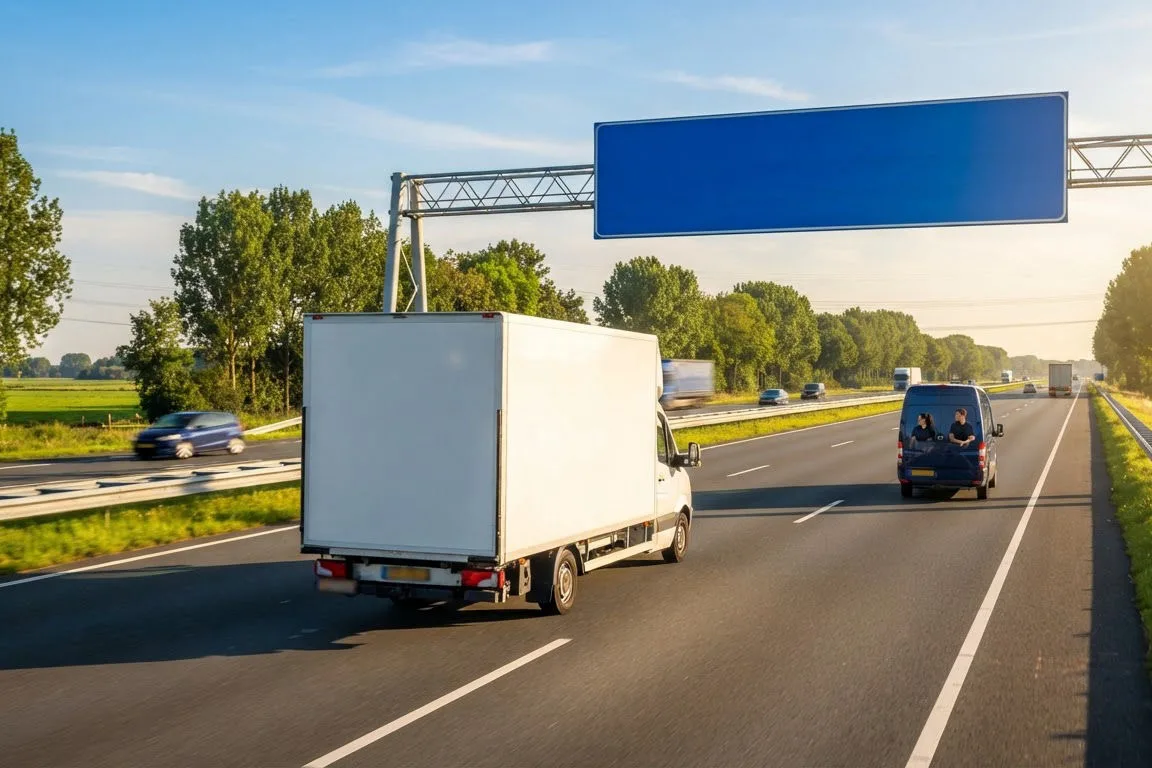 White removal lorry entering Germany near Venlo, where the moving cost from the Netherlands to Germany begins