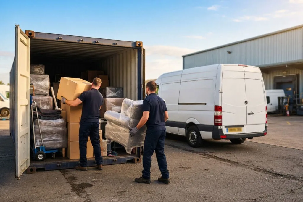Container being loaded with wrapped household goods at a US warehouse