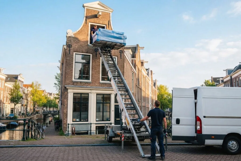 Verhuislift tegen de gevel van een smal Nederlands grachtenpand