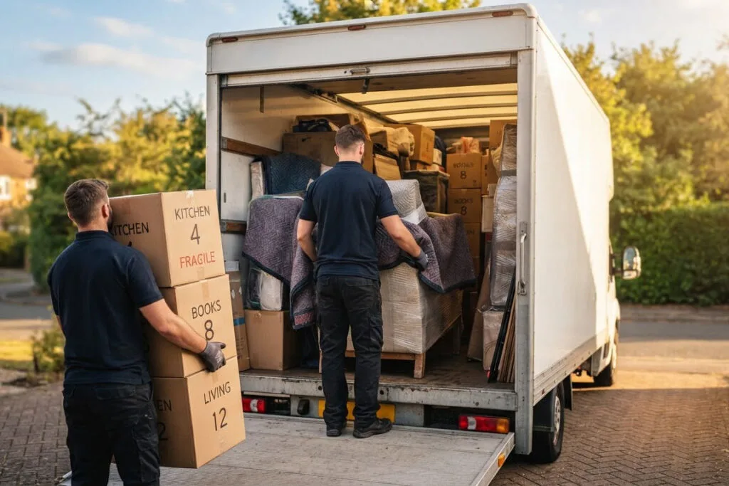 Verhuizers laden een verhuiswagen vol met dozen en ingepakte meubels